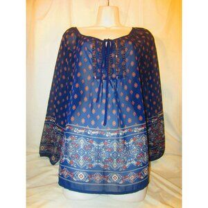 BLU PEPPER navy geometric peasant bead sheer blouse top WOMEN M